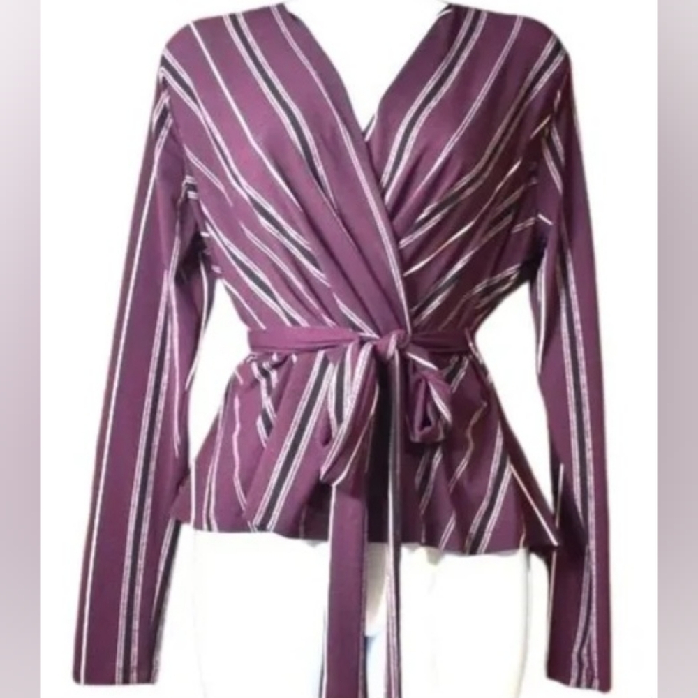 Long Sleeved Striped Low Cut Blouse with Tie
